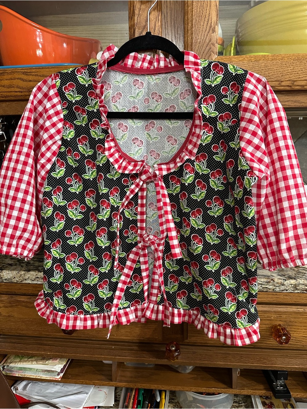 Womens Red Gingham & Cherry-Print Tie Front Top